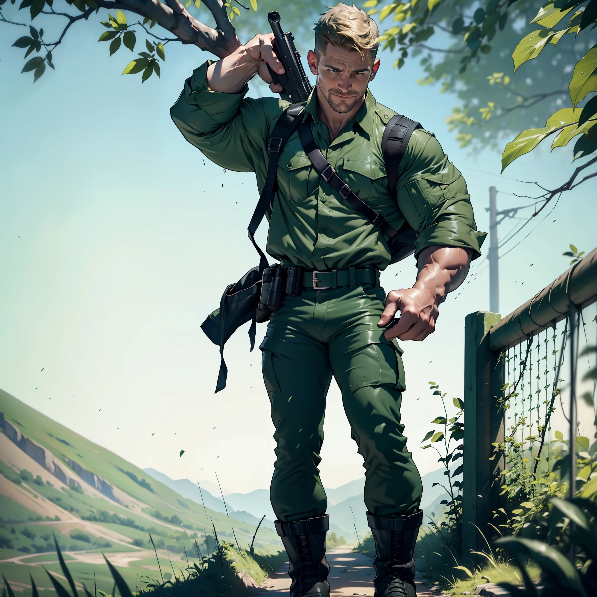 1 man, male focus solo, middle aged man,Stephen AMELL as private army soldier, lean muscle,olive green shirt, camouflage pants ,green belt , dark green boots ,( big bulge), full body shot, dark blond short hair, well groomed facial hair, smiling ,looking at the view, proud, holding a gun with one hand, , ultra high quality, masterpiece, (clear intense splashed dark green and white paint in the blackground)