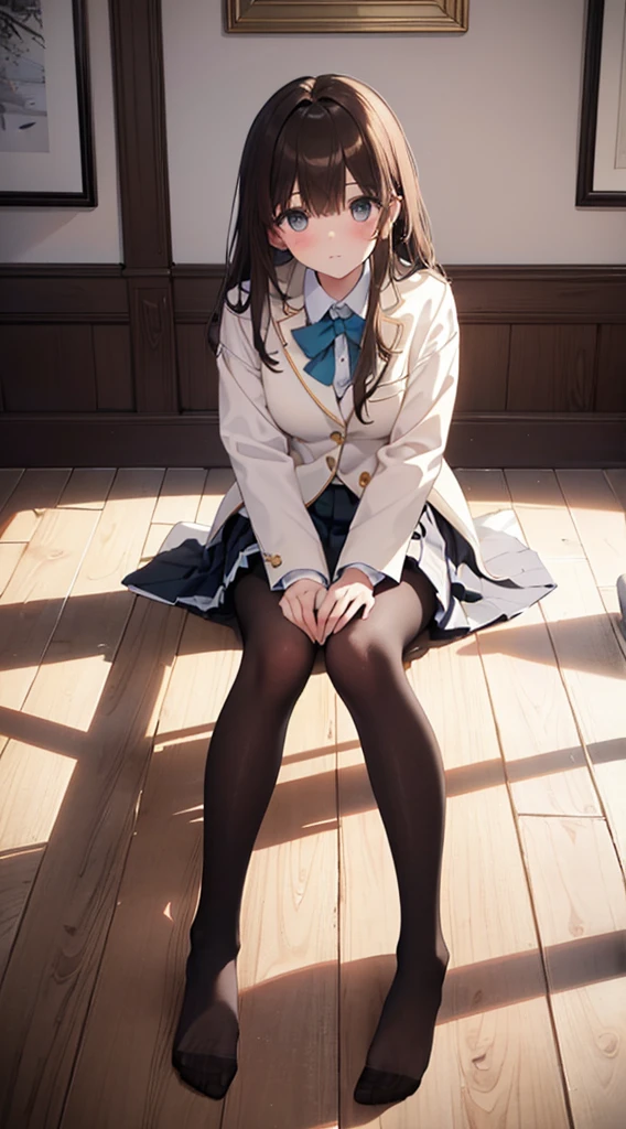 Top quality, masterpiece, High resolution, (Head to toe full body), front, frontやや下からの構図, Symmetric, Tall 18 year old girl, alone, (Head to toe), (Small breasts), Unkempt brown hair, bangs, (black tights), (Black Pantyhose), (Sit with your legs apart), (Crouching pose), (A composition showing white panties), (Her legs were spread、I see your white pants.), (I was made to sit on the floor with my legs spread..), (M-shaped legs), Thin legs, A very beautiful and tall 18 year old girl, (No shoes), blush, Shy big eyes, looking at the camera, Blazer Uniform, Checkered Pleated Skirt