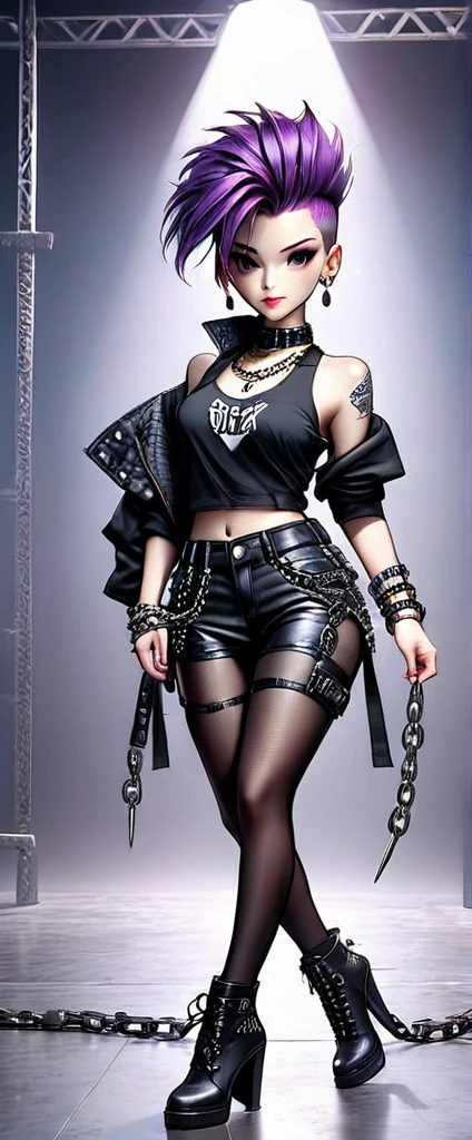 girl model, professional:1.6, (Best Quality,4k,8k,High resolution,Masterpiece:1.2),ultra detailed,realist,punk style,fashion punk,((full body shot:1.5,general shot:1.5)), rebel,spiked clothing,Chain accessories, rebel pose,mohawk alto,violet hair,showy,nervous background,Studio lighting,dynamic pose and elegant