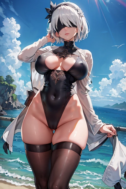 Cumulonimbus,Surrounded by water, reflection,Breathtakingly beautiful clouds,Light,Dazzling Light,Cinematic Light.The wind is blowing,Vast ocean, White pier stretching out into the sea,Coral Reef,強いThe wind is blowing,
on one knee, open legs, (looking away:1.4), (The view is from very close below:1.5),
2b,Yoruhano. 2 Type B,Nier Automata,Perfect Face,One girl,Game Characters,((Blindfold:1.4)),(黒のBlindfold布_eyes covered),
((Highest quality)), ((masterpiece)),(detailed),High resolution,Sharp focus,(非常にdetailed CG unity 8k wallpaper),(((Vibrant colors))),{best illustration},
(Realistic eyes, Natural skin texture, Realistic facial details),(complete anatomy),Perfect Fingers,
High resolution,Two-dimensional beautiful girl,Super Beauty,gleaming skin,Shiny silver hair, (Huge hips:1.1),(Huge breasts, Glamour:1.2),
Short Bob Hair,Big Breasts,glamorous_expensive_Tight waist_Long legs,curve, hair band,mole under lips,
erotic,Bold,露出度のexpensive服装,show 肌,Camel Toe,(erection of nipple),seductive smile, (Black shiny high leg leotard:1.2),