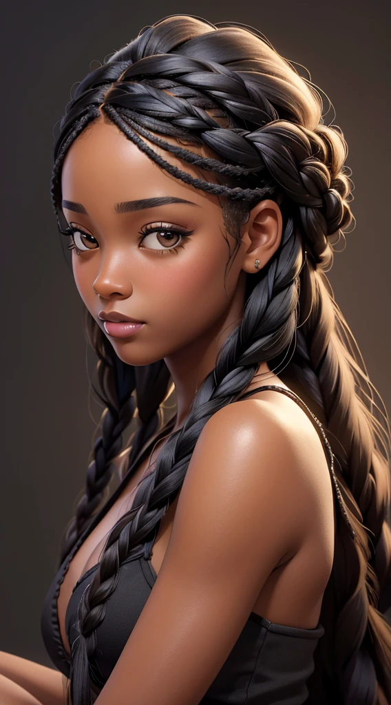 (best quality, masterpiece:1.2), realistic, detailed portrait of 1 black girl,braiding wig close up,realistic oil painting, vibrant colors, soft lighting, intricate brushstrokes, elegant pose, expressive eyes, flowing hair, delicate features.