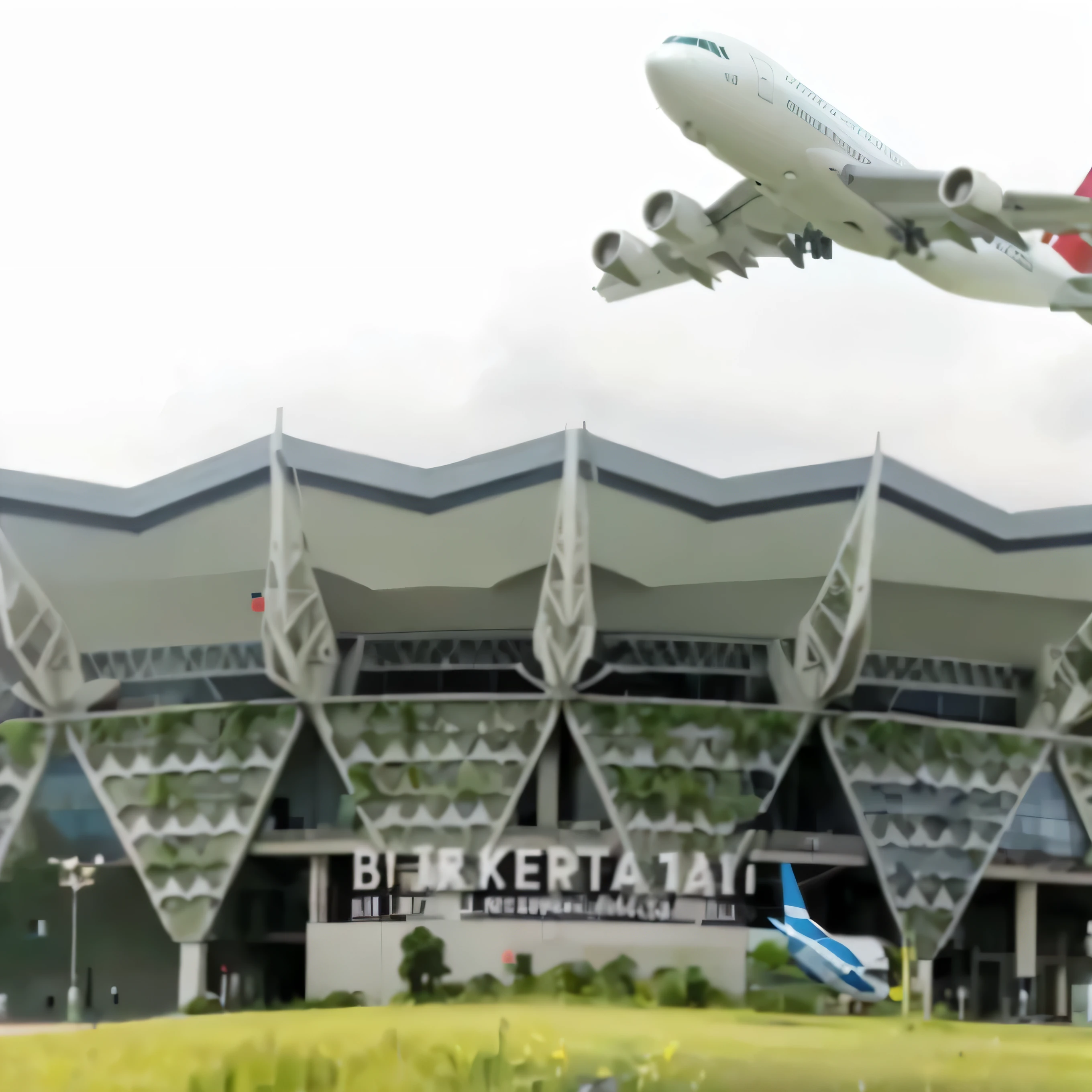 realistic 3d caricature. international airplane airport. In front of the airport there is writing in Indonesian "BIJB KERTAJATI. The photo details are very strong.