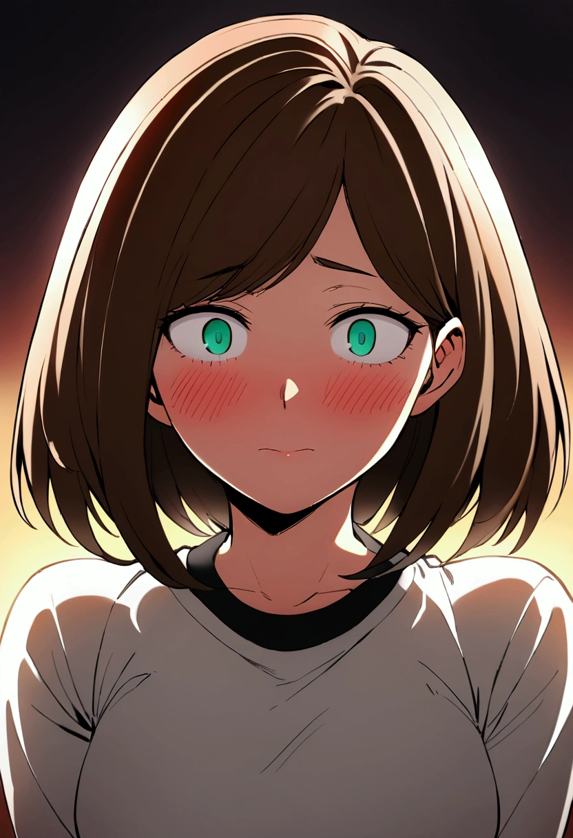 My Hero Academia style girl with medium long brown hair .,,medium large eyes, with a flirtatious and shy look, blushing slightly , green eyes, black compression blouse., with a white shirt and short gray skirt, with a very pronounced figure, View from the front