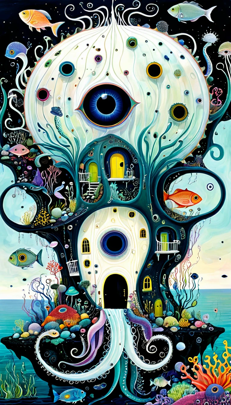 "Dick Ellescas Artist Style",A strange house on a calm sea,fish,Tentacles,Eye、diatom,Stitching together an abstract painting,Describing the inner world of autistic people,Sense of space,White Space,interesting,Innocence,Psychedelic Art,Dark Theme