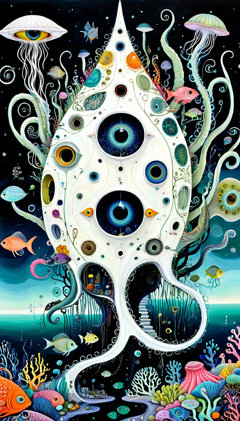 &quot;Dick Ellescas Artist Style&quot;,A strange house on a calm sea，fish，Tentacles，Eye、diatom，Stitching together an abstract painting，Describing the inner world of autistic people，Sense of space，White Space，interesting，Innocence，Psychedelic Art，Dark Theme