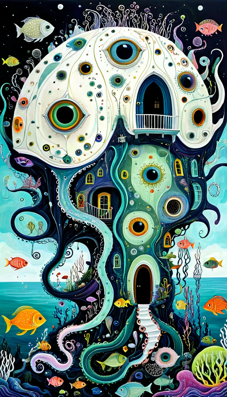 "Dick Ellescas Artist Style",A strange house on a calm sea,fish,Tentacles,Eye、diatom,Stitching together an abstract painting,Describing the inner world of autistic people,Sense of space,White Space,interesting,Innocence,Psychedelic Art,theme