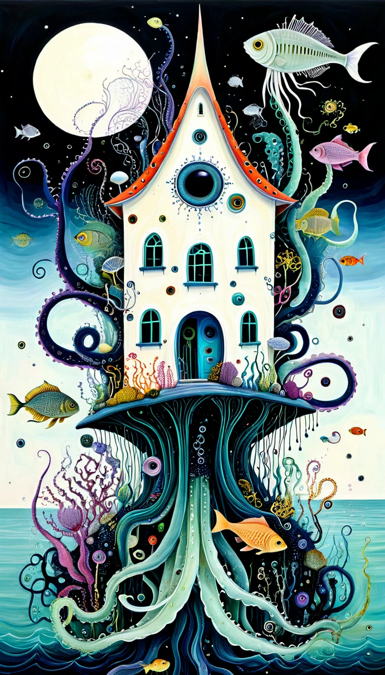 "Dick Ellescas Artist Style",A strange house on a calm sea,fish,Tentacles,Eye、diatom,Stitching together an abstract painting,Describing the inner world of autistic people,Sense of space,White Space,interesting,Innocence,Psychedelic Art,Dark Theme