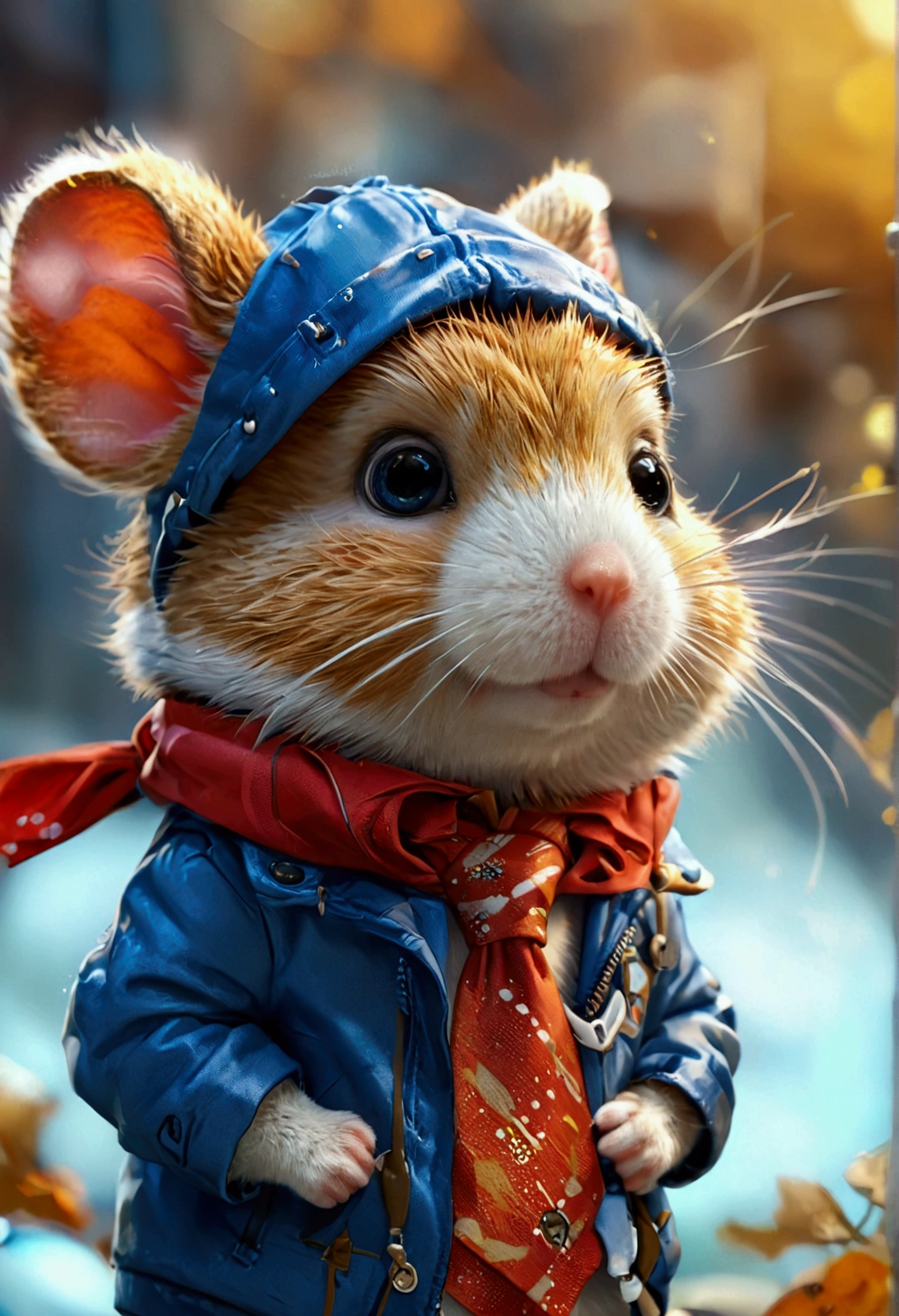 Cartoon hamster wearing blue jacket and sneakers and a long tie,cute cartoon character, hamster, cute character,, Realistic illustration, cute artwork, high detailed cartoon, Lovely detailed artwork, hamster, arte renderizada, hyperdetailed crisp render,, cgartis