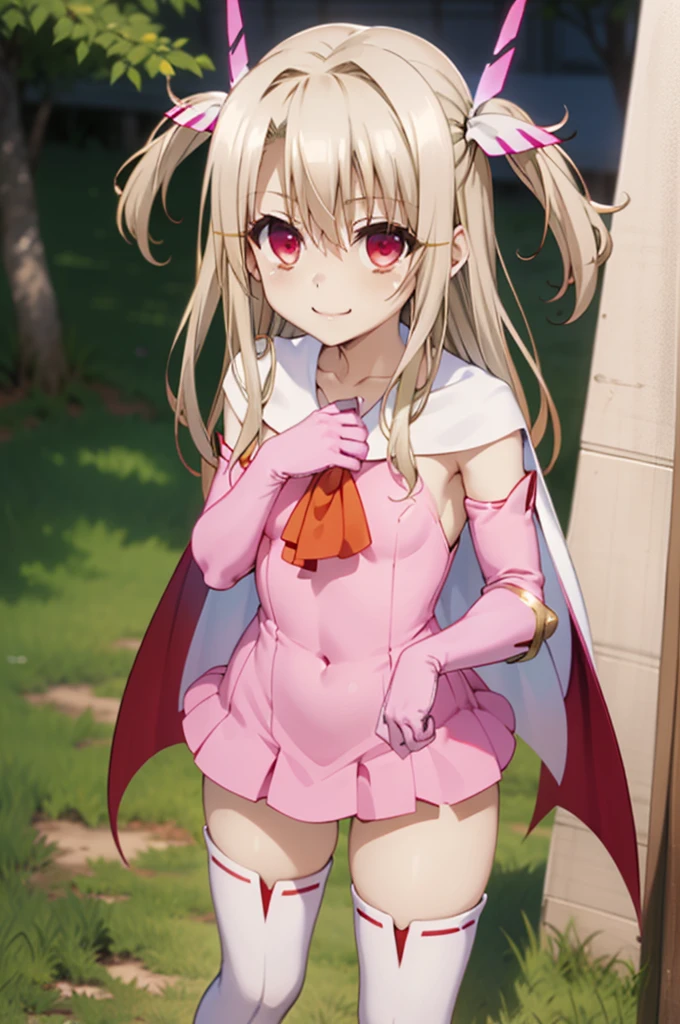 1girl,solo,,outdoor,,looking viewer,,small breasts,smile
aaillya,long_hair,blonde_hair,red_eyes,hair_between_eyes,bangs,white_hair,illyamagical,feather_hair_ornament,feather,magical_girl,hair_ornament,gloves,two_side_up,white_gloves,elbow_gloves,detached_sleeves,ascot,thigh_boots,thighhighs,pink_footwear,boots,bare_shoulders,cape,smile,nsfw,(((panty))),squatting,open legs,spread legs