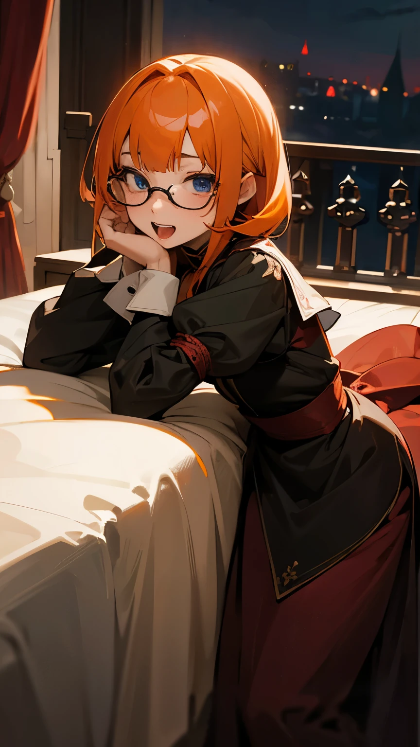 1 person,older sister、stare、Ahegao、Double teeth、like、lure、Orange Hair、Bangs、blue eyes、目にLightが、Front-down bob hair、cute、Mirishita、Gal games、、Light、Mirishita、cross、looking at the camera、Bondage、Garter Ring、Fetish、first round、Rose、night、moonlight、月night、bed、Gothic、dark.Red and Black、Western-style building、Red Curtain、Maid clothes、Glasses、lamp、Face close-up、slave