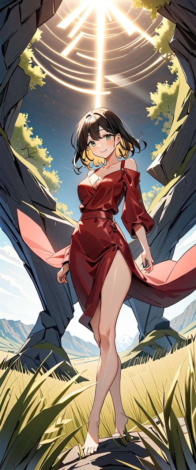 Photo of a woman with natural skin, grassland, Cowboy Shot, Dynamic pose, Smiling, High Twintails, Black hair with red mesh, Sharp eyes with red eyeshadow, Shining eyes, A thin, upturned nose, Well-shaped lips, ((Black off-the-shoulder dress, Thin shoulder straps)), barefoot, Makeup, Exquisitely crafted with the utmost attention to detail, Vibrant, amazing, Smooth, Cinematic, 4K, Backlight, ((綺麗な星空が見える広いgrassland)), Shallow depth of field, ((Detailed eyes:1.3, Detailed lips:1.3, high quality, )), masterpiece, Super detailed images, High quality