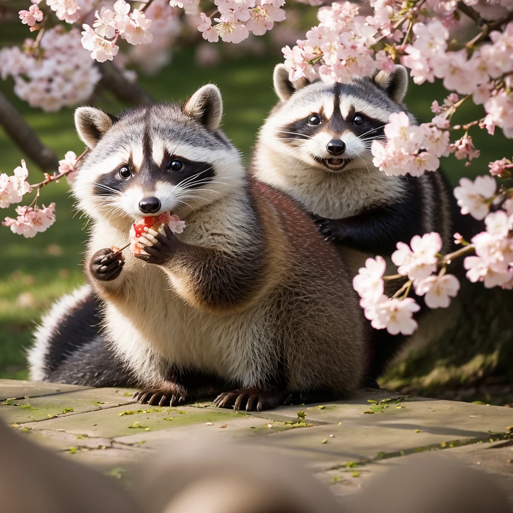 Cherry blossoms falling in the morning sun、A fat raccoon eating a dumpling。