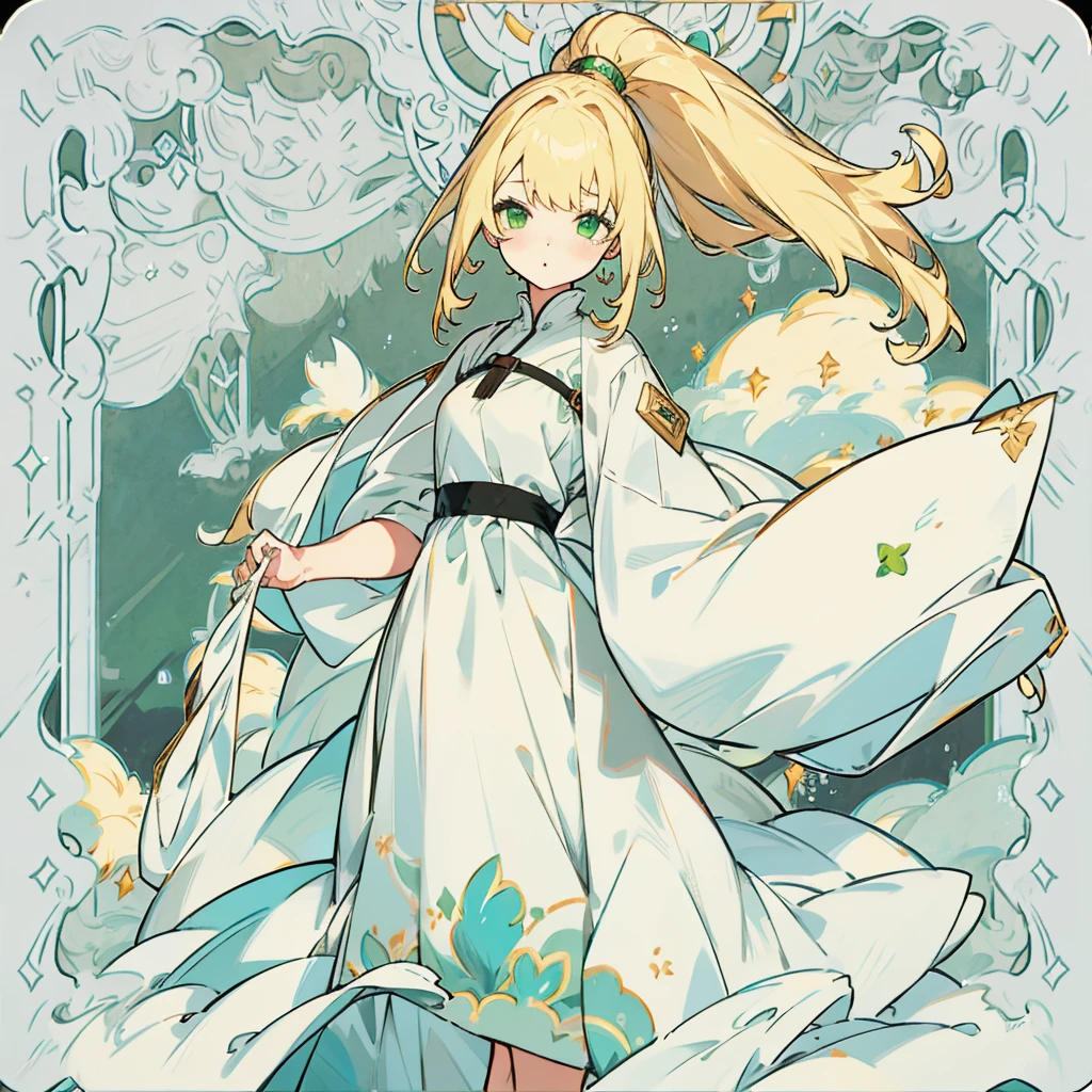 Girl、Long blonde、Bangs、Drooping eyes、Green Eyes、Fine skin、White dress、Western style