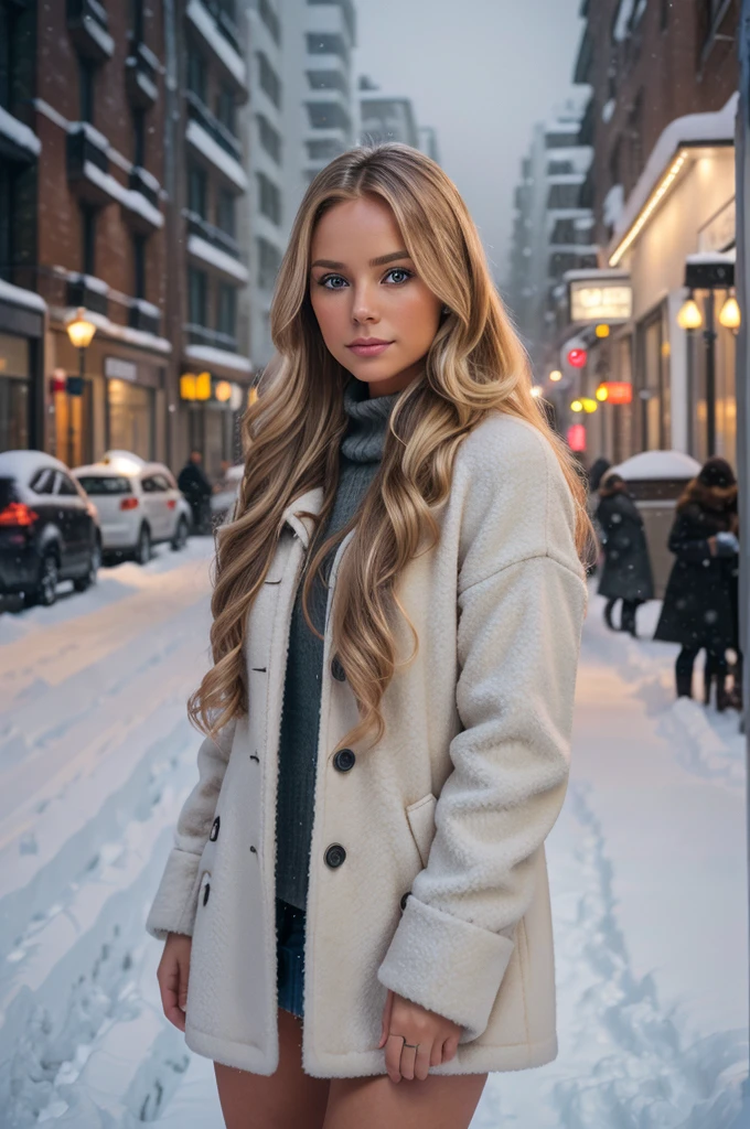 professional portrait photograph of a gorgeous Norwegian girl in winter clothing with long wavy blonde hair, sultry flirty look, gorgeous symmetrical face, cute natural makeup, wearing elegant warm winter fashion clothing, ((standing outside in snowy city street)), stunning modern urban environment, ultra realistic, concept art, elegant, highly detailed, intricate, sharp focus, depth of field, f/1. 8, 85mm, medium shot, mid shot, (((professionally color graded))), bright soft diffused light, (volumetric fog), trending on instagram, hdr 4k, 8k