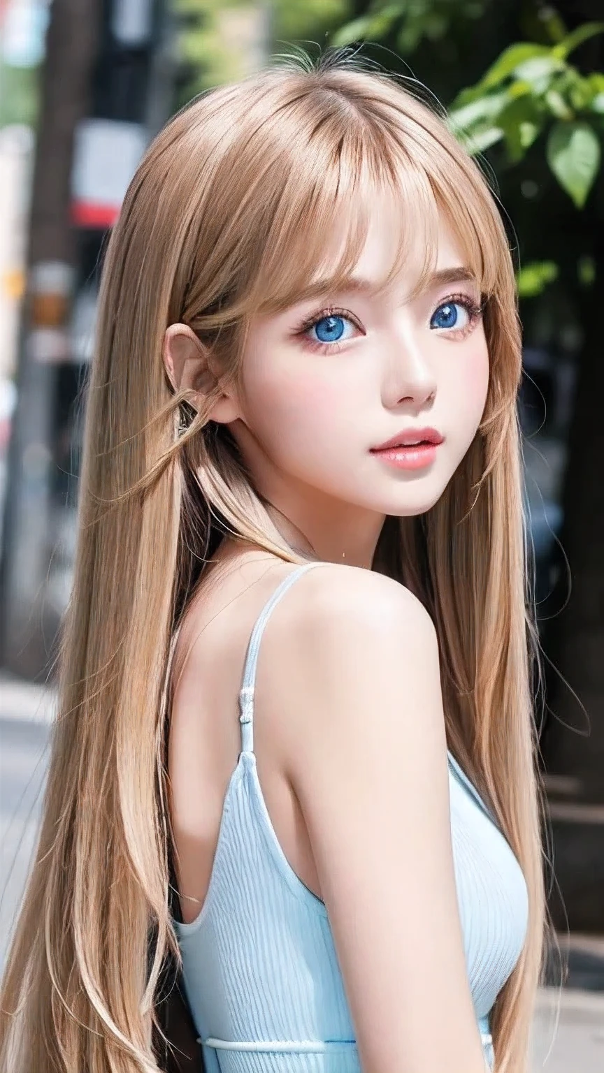 Very white and bright skin、A beautiful girl、Sexy 18 years old cute sexy little beautiful face、Shiny hair dancing in front of a pretty face、Long, silky bangs that cover the eyes、Hair that hides the face、Too long hair、Sexy cute young woman、Long blonde shiny bright hair、Big, bright blue eyes that shine so beautifully、Very big eyes、Super long straight hair、Small Face Beauty、Round face、Cheek gloss highlighter、