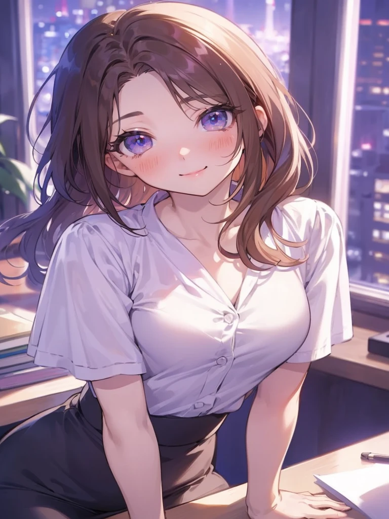 Woman sitting on chair in front of window,office, A charming office lady, 28 years old,Slender figure,Small breasts,White blouse,clavicle,Cleavage,Pink Bra,detailed Digital anime art, Charming smile, Portrait, Ilya Kuvshinov. 4k yen, Smooth anime CG art, Cute realistic portrait, Beautiful Anime Girls, Digital anime art, Gweiz-style artwork, Cute Anime Girl