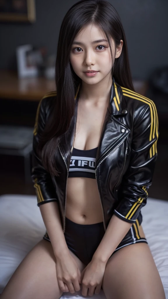 One girl,masterpiece, (8K, Highest quality, masterpiece:1.2),Very detailed,Super detailed,Master Class,Highest quality,figure,hair_between_eye,Perfect lighting, Cowboy Shot, CV16,Black jacket