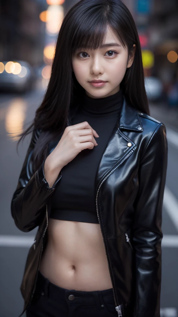 One girl,masterpiece, (8K, Highest quality, masterpiece:1.2),Very detailed,Super detailed,Master Class,Highest quality,figure,hair_between_eye,Perfect lighting, Cowboy Shot, CV16,Black jacket