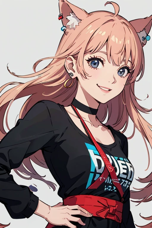 (Better Quality, First Job:1.2) | fine grain:1.2 1 female (Dynamic English, Long Hair) choker, shirt, Earrings in the ears, finely, First Job,smile,With background,Perfect pose