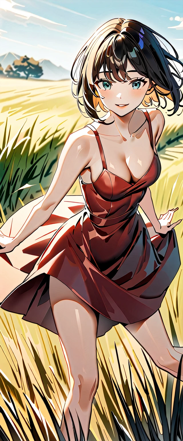 Photo of a woman with natural skin, grassland, Cowboy Shot, Dynamic pose, Smiling, High Twintails, Black hair with red mesh, Sharp eyes with red eyeshadow, Shining eyes, A thin, upturned nose, Well-shaped lips, ((Black off-the-shoulder dress, Thin shoulder straps)), barefoot, Makeup, Exquisitely crafted with the utmost attention to detail, Vibrant, amazing, Smooth, Cinematic, 4K, Backlight, ((綺麗な星空が見える広いgrassland)), Shallow depth of field, ((Detailed eyes:1.3, Detailed lips:1.3, high quality, )), masterpiece, Super detailed images, High quality