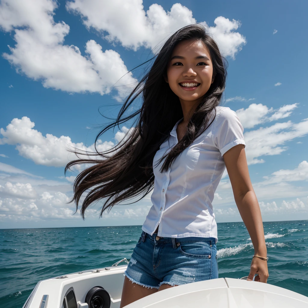 photography, realistic, 3d; a young Indonesian woman, with long, flowing black hair blowing in the wind, giving a dynamic and free impression, is driving a speedboat on the sea. He wore a white shirt tied at the front and blue denim shorts which gave off a denim and casual feel. The background shows a vast blue ocean with a clear sky and some white clouds. The woman looked very happy and smiled broadly, enjoying the moment. 124K, ultra hd, wide viewing angle, details: