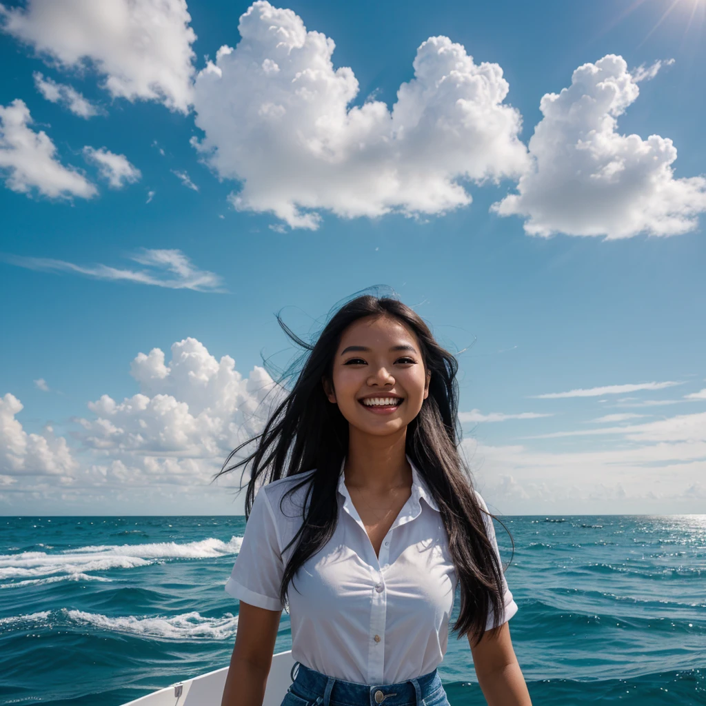 photography, realistic, 3d;  a young Indonesian woman, with long, flowing black hair blowing in the wind, giving a dynamic and free impression, is driving a speedboat on the sea.  He wore a white shirt tied at the front and blue denim shorts which gave off a denim and casual feel.  The background shows a vast blue ocean with a clear sky and some white clouds.  The woman looked very happy and smiled broadly, enjoying the moment.  124K, ultra hd, wide viewing angle, details: