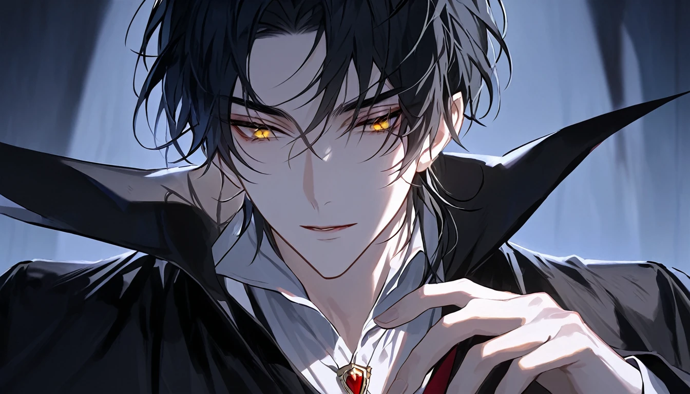 Tall, A thin, handsome young man with perfect features, Long black hair, Yellow Eyes, Beautiful black eyebrows, vampire, There was a thoughtful look on his face, Wearing a pure white shirt and a black cape, There is a dagger in his hand