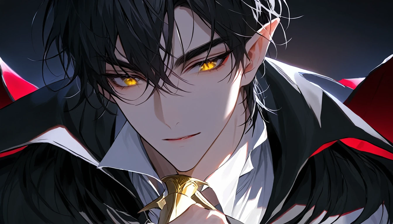 Tall, A thin, handsome young man with perfect features, Long black hair, Yellow Eyes, Beautiful black eyebrows, vampire, There was a thoughtful look on his face, Wearing a pure white shirt and a black cape, There is a dagger in his hand
