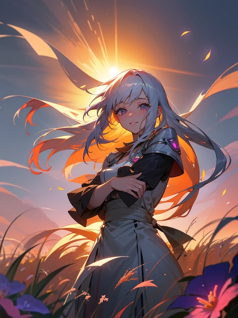 Highest Quality, Anime Style, Cinematic, UHD resolution, A young woman, with cascading silver hair, sunlight dappling its ends, stands amidst a field of wildflowers, The warm glow of a setting sun paints the sky, in a breathtaking display of orange, pink, and purple, Fireflies dance in the twilight air, A serene smile graces her lips, as she's captivated by the beauty around her