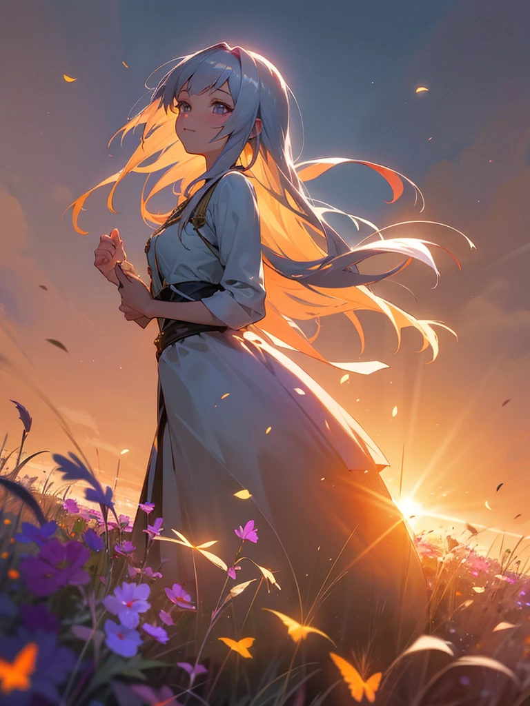 Highest Quality, Anime Style, Cinematic, UHD resolution, A young woman, with cascading silver hair, sunlight dappling its ends, stands amidst a field of wildflowers, The warm glow of a setting sun paints the sky, in a breathtaking display of orange, pink, and purple, Fireflies dance in the twilight air, A serene smile graces her lips, as she's captivated by the beauty around her