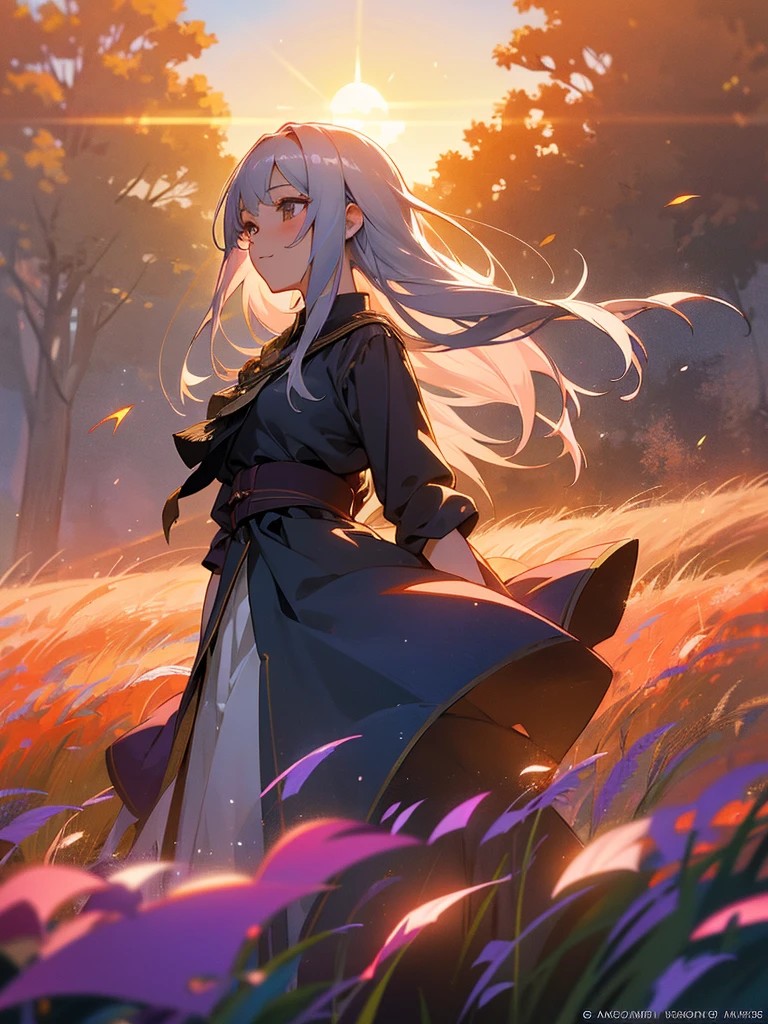 Highest Quality, Anime Style, Cinematic, UHD resolution, A young woman, with cascading silver hair, sunlight dappling its ends, stands amidst a field of wildflowers, The warm glow of a setting sun paints the sky, in a breathtaking display of orange, pink, and purple, Fireflies dance in the twilight air, A serene smile graces her lips, as she's captivated by the beauty around her