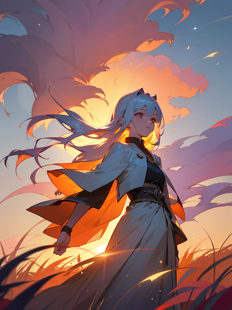 Highest Quality, Anime Style, Cinematic, UHD resolution, A young woman, with cascading silver hair, sunlight dappling its ends, stands amidst a field of wildflowers, The warm glow of a setting sun paints the sky, in a breathtaking display of orange, pink, and purple, Fireflies dance in the twilight air, A serene smile graces her lips, as she's captivated by the beauty around her