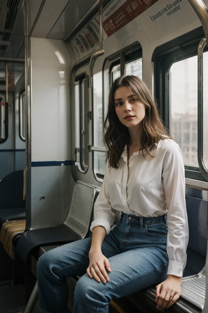 painting of a woman sitting in a subway car ((ONE WOMAN ONLY)) ((woman dressed in white)) modern dress, gray jeans pants, modern, actual, Nick Alm, by Andrea Pozzo, Jeremy Lipking, range murata Jeremy Lipking, by Carlo Mense, inspired by Enrique Simonet, sargento marshénnikov, by Michael Ford, krenzcushart, Jeremy Lipking full length shot, by Josep Rovira Soler