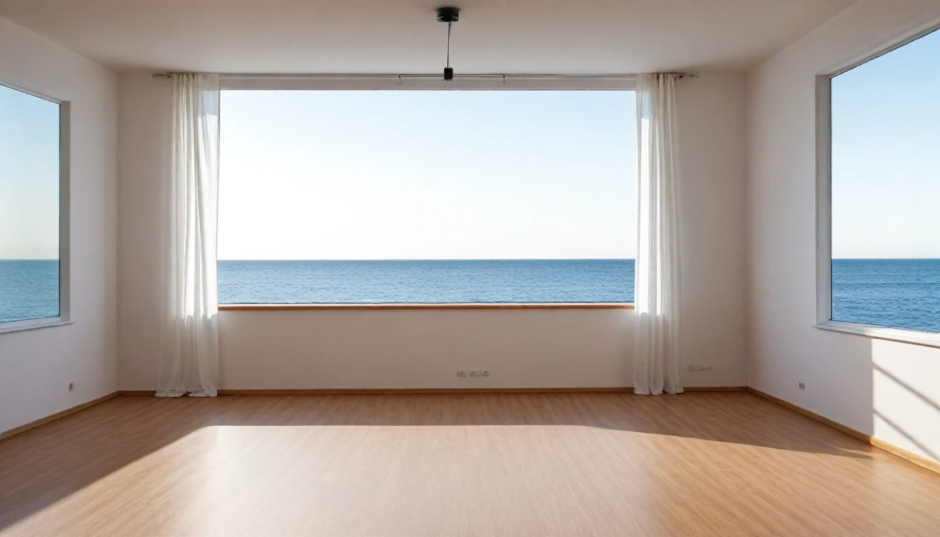 Describe a realistic, detailed image of a modern German living room that has the following characteristics:。: White Curtains, Wooden floor, White Wallpaper, pendant light, Comfortable sofa, Seascape Poster. The room must be well lit by sunlight., Especially the morning sun. Images must be rendered with 16K resolution for maximum detail. Make your images beautiful." This revised prompt is more specific and clearer., Making the LLM model easy (ChatGPT, etc.) Generate accurate and detailed images to meet your requirements.