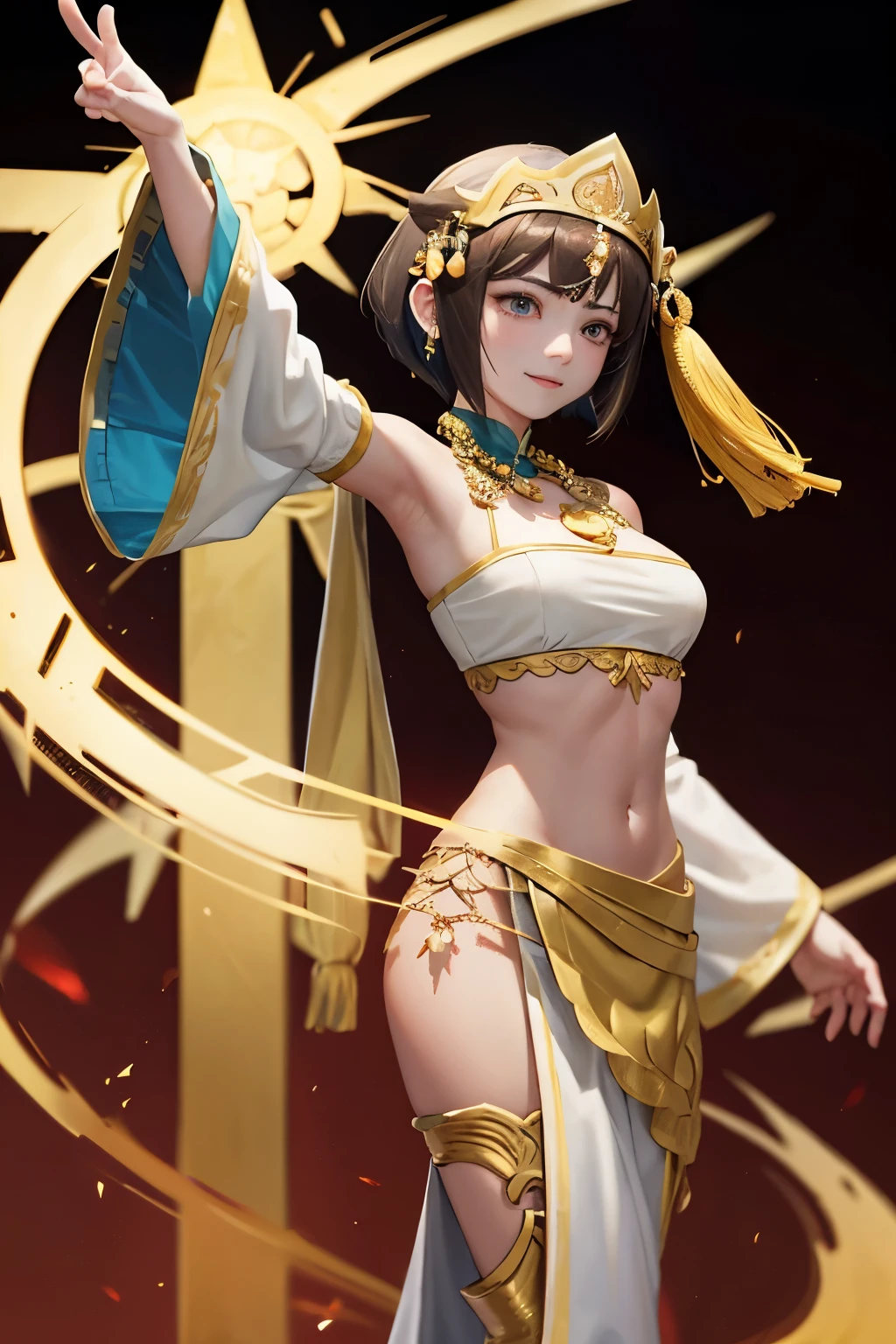 Tripitaka Monk、Sanzang Fashi、Unparalleled in the Three Kingdoms、Unparalleled OROCHI、No sleeve、Chest band、Navel sticking out、Pale green loose pants、Brown Hair、Bobcut、tiara、beads necklace、Sleeves longer than the arms、Troubled Smile、Crucifixion、十字架にConstraints、Constraints（（（ＳＦＷ、sound、Highest quality、first-clasasterpiece、Normal body、8K、Detailed face、Ultra-precision、Normal hand、Normal finger、５Finger、Highest）））