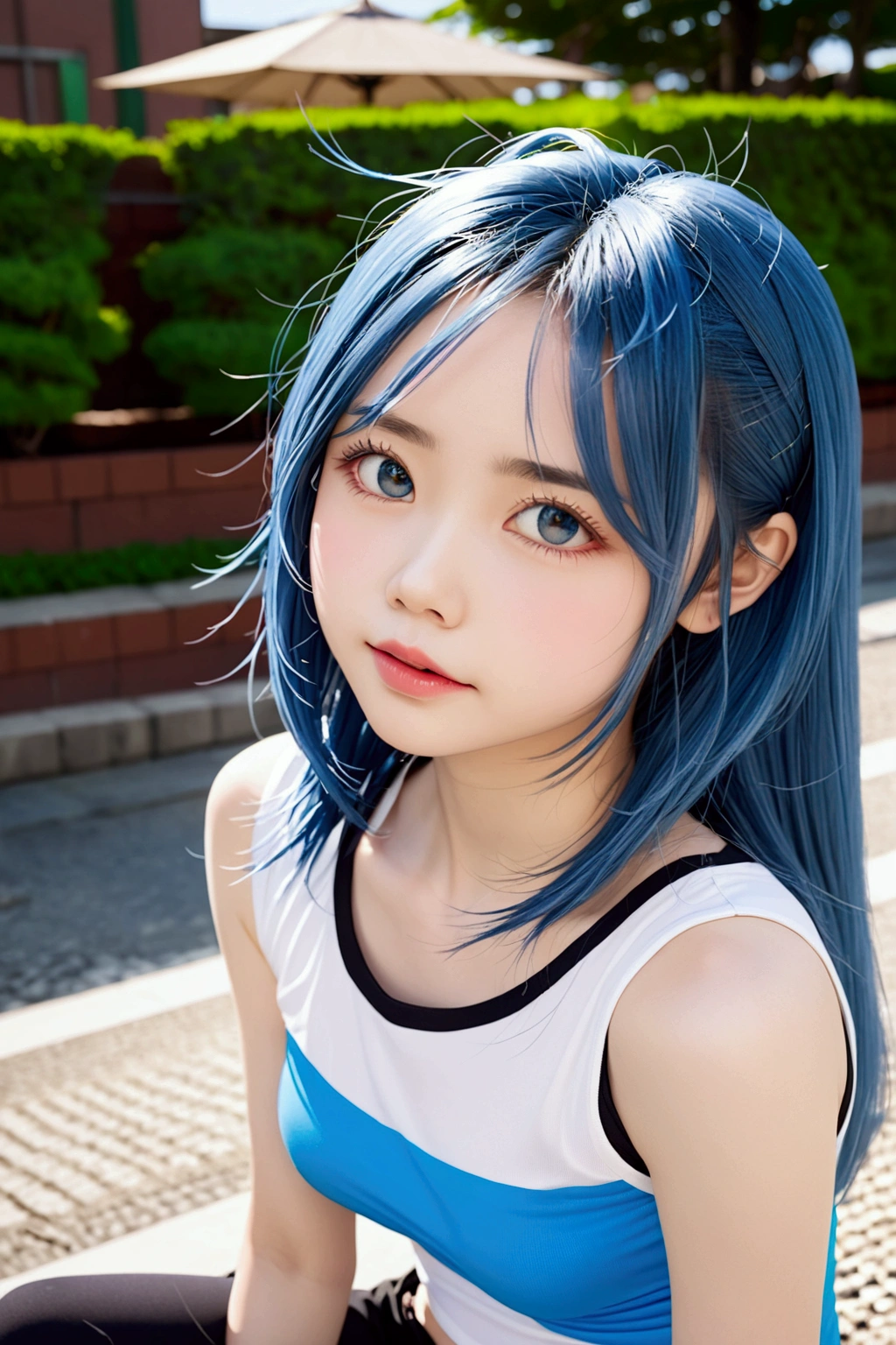 "Create an image of a character with a small, delicate face and a slender nose. The character should have a natural appearance with no makeup, facing forward with large, cute eyes. The character has long, blue hair with short bangs, wearing a black long-sleeved top and shorts." Please keep in mind that while LeonardoAI can attempt to create an image based on this prompt, it may not perfectly match the specific character "MiRim" from the anime due to limitations in generating exact likenesses of copyrighted characters.