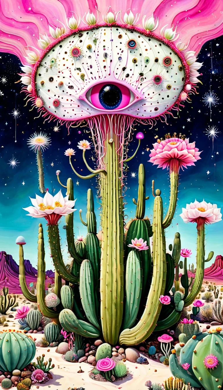 &quot;Dick Ellescas Artist Style&quot; Wide Desert，cactus，bacteria，Spore powder，Fungi，Marine Life，plant，flower，Tentacles，Eye、Starry Sky，Stitching together an abstract painting，Describing the inner world of autistic people，Sense of space，White Space，interesting，Innocence，Psychedelic Art，Pink theme