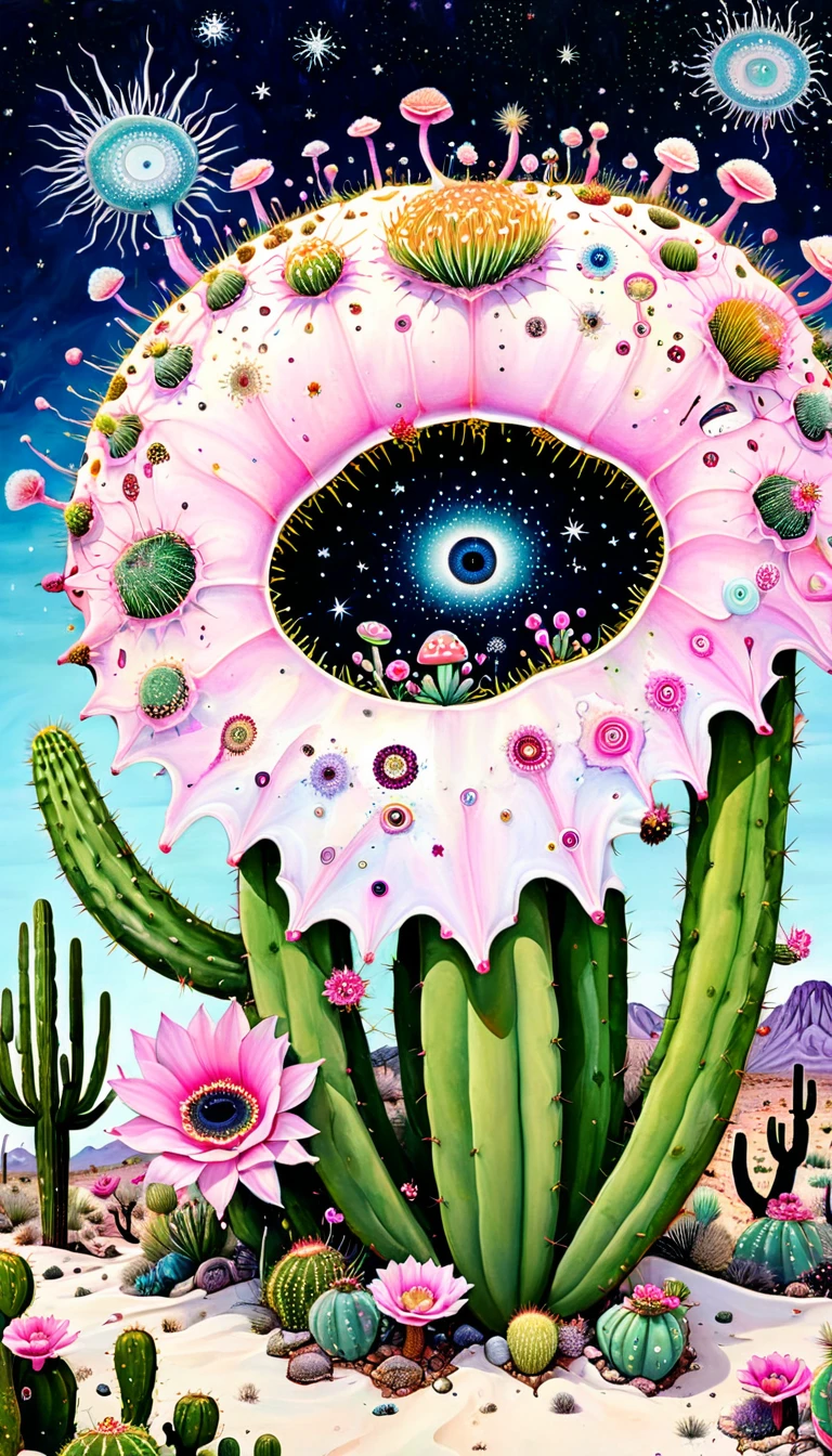 &quot;Dick Ellescas Artist Style&quot; Wide Desert，Building on a cactus，bacteria，Spore powder，Fungi，Marine Life，plant，flower，Tentacles，Eye、Starry Sky，Stitching together an abstract painting，Describing the inner world of autistic people，Sense of space，White Space，interesting，Innocence，Psychedelic Art，Pink theme