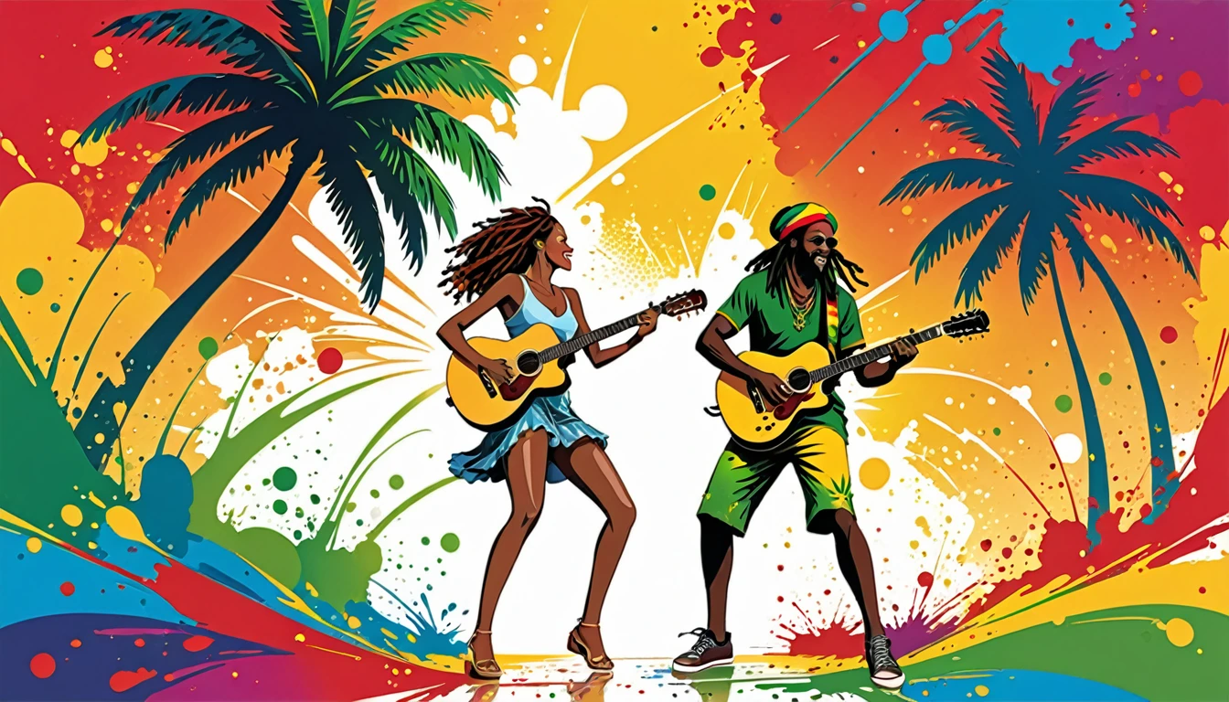 Vector art, Lots of Jamaican Reggae, Authentic Jamaican reggae music atmosphere，Color illustrations, in the center, Vibrant colors, Paint splatters and stains, High detail, 
Palm tree,A man is playing a guitar in Rasta colors,A man and a woman are dancing in the distance