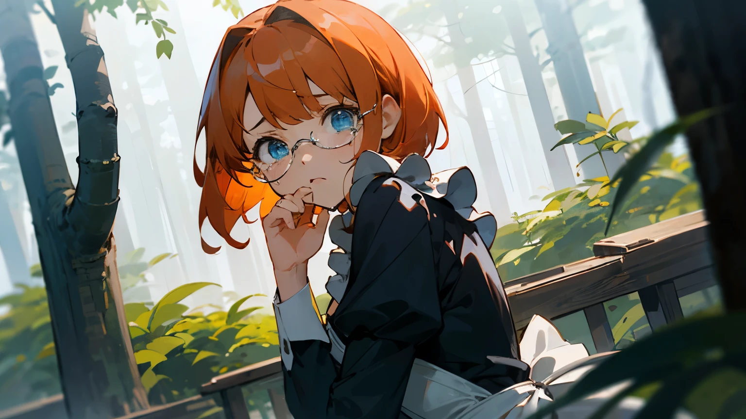 Highest quality)), ((masterpiece)), (detailed), One Girl,sister、stare、Despairing face、tears、Cry、Orange Hair、Bangs、blue eyes、Light in your eyes、Bob hair with front down、Mirishita、Gao Yuanfeng、Maid、Glasses、darkness、forest、Brink、Peering into the cliff