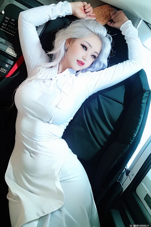 realisticlying, A high resolution, 1 rapariga, White color hair, korean people, eBlue eyes, The transparent cheongsam is flying,Sheer tight-fitting garments,Beads of sweat dripped down the buttocks,Large chest,Wide buttock, your ass,Butt visible,Visible on the back,buttocks visible,Ass pouted,wide wide shot,Cinema lenses,The skin glows,space ship,