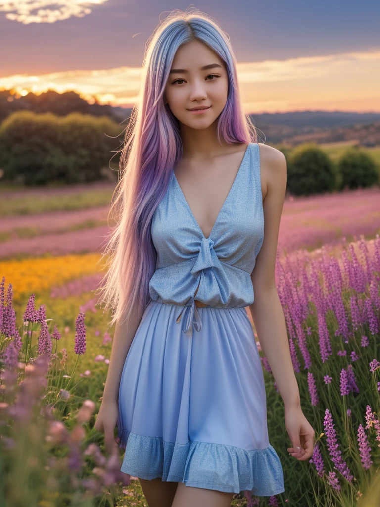 Highest Quality, Anime Style, Cinematic, UHD resolution, A young woman, with cascading silver hair, sunlight dappling its ends, stands amidst a field of wildflowers, The warm glow of a setting sun paints the sky, in a breathtaking display of orange, pink, and purple, Fireflies dance in the twilight air, A serene smile graces her lips, as she's captivated by the beauty around her