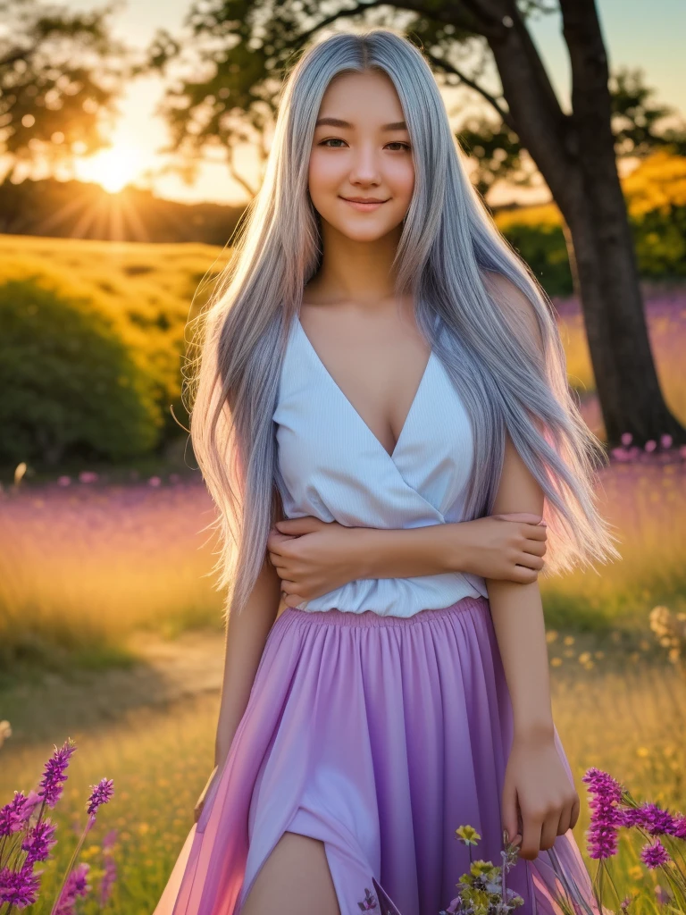 Highest Quality, Anime Style, Cinematic, UHD resolution, A young woman, with cascading silver hair, sunlight dappling its ends, stands amidst a field of wildflowers, The warm glow of a setting sun paints the sky, in a breathtaking display of orange, pink, and purple, Fireflies dance in the twilight air, A serene smile graces her lips, as she's captivated by the beauty around her