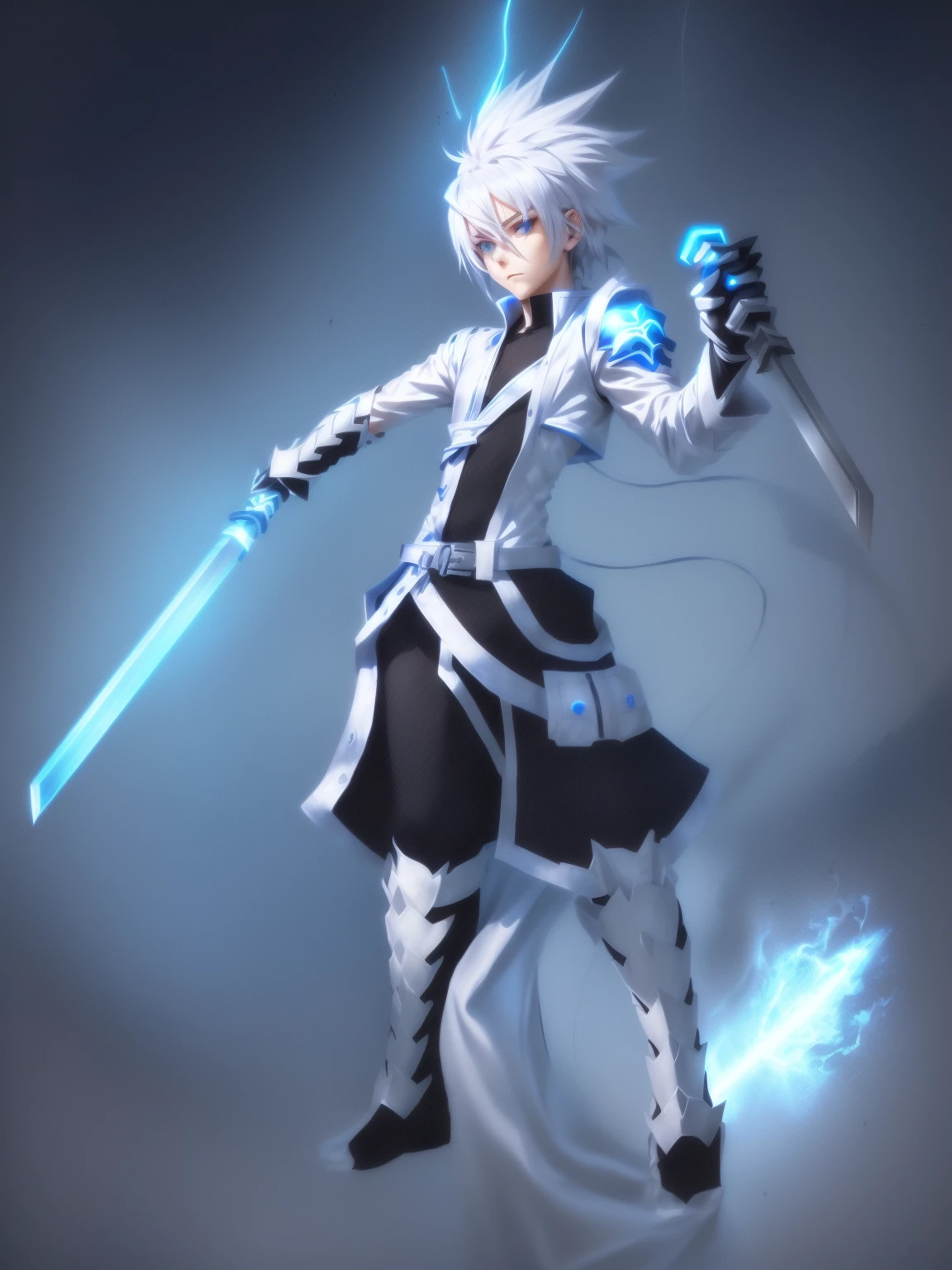 sketches of a drawing of a androgynous young boy with 2 swords, Kilua from hunter x hunter, an anime drawing, detailed fanart, hero 2d fanart artsation, ( ( character concept art ) ), anime drawing, game art!!, with out shading, anime shading), dramatic wielding sword pose, anime shading, white hair, glowing blue eyes, pale skin, black ninja pants, black vest, blue belts, short blue jacket, very long ponytail