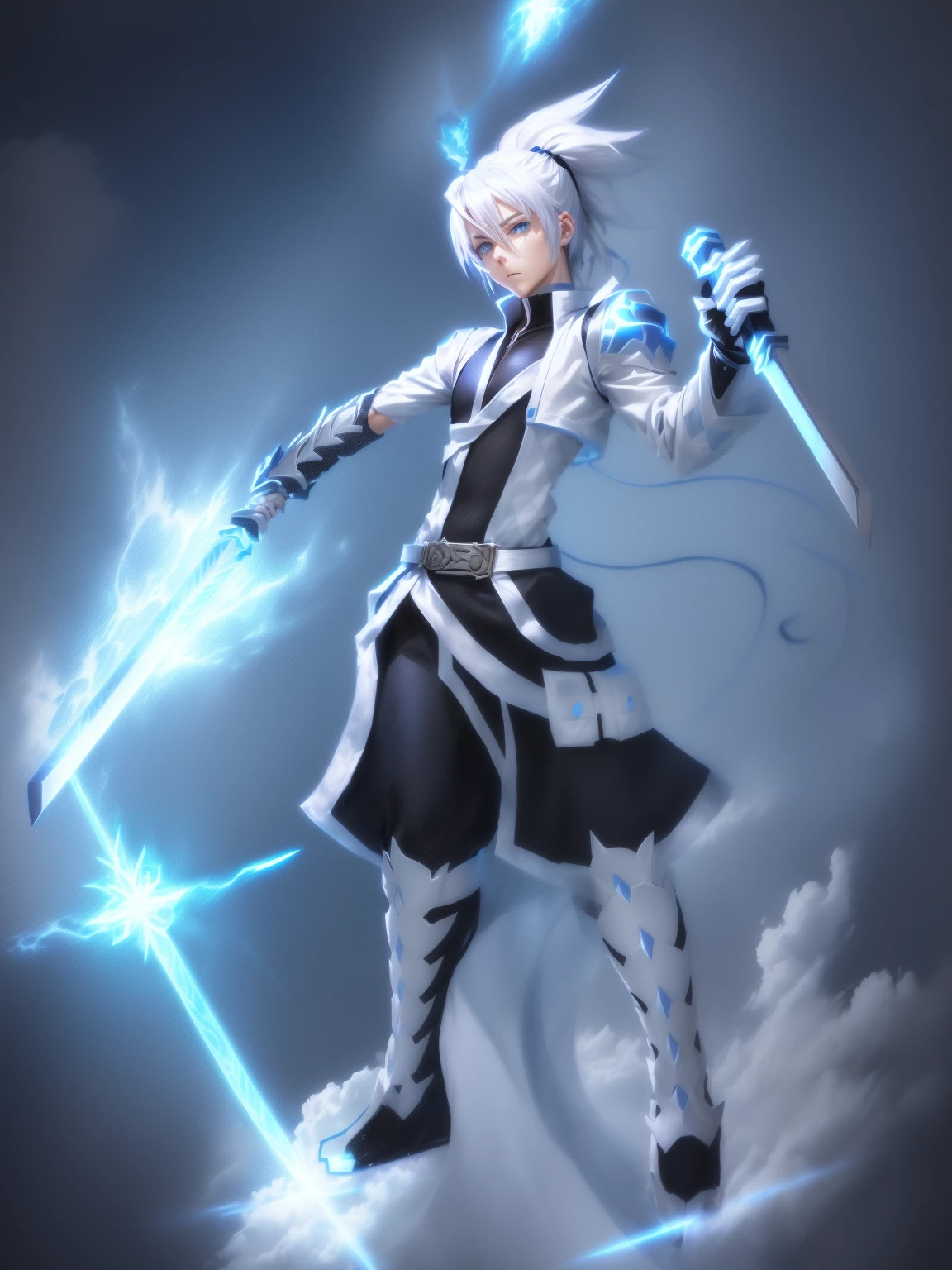 sketches of a drawing of a androgynous young boy with 2 swords, Kilua from hunter x hunter, an anime drawing, detailed fanart, hero 2d fanart artsation, ( ( character concept art ) ), anime drawing, game art!!, with out shading, anime shading), dramatic wielding sword pose, anime shading, white hair, glowing blue eyes, pale skin, black ninja pants, black vest, blue belts, short blue jacket, very long ponytail 