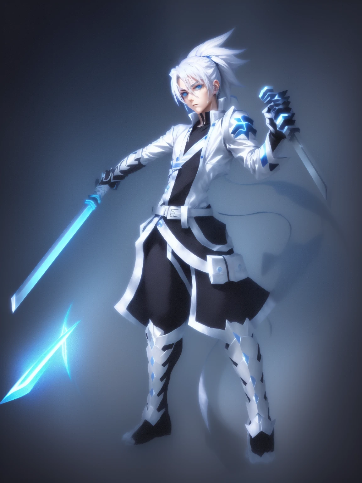 sketches of a drawing of a androgynous young boy with 2 swords, Kilua from hunter x hunter, an anime drawing, detailed fanart, hero 2d fanart artsation, ( ( character concept art ) ), anime drawing, game art!!, with out shading, anime shading), dramatic wielding sword pose, anime shading, white hair, glowing blue eyes, pale skin, black ninja pants, black vest, blue belts, short blue jacket, very long ponytail