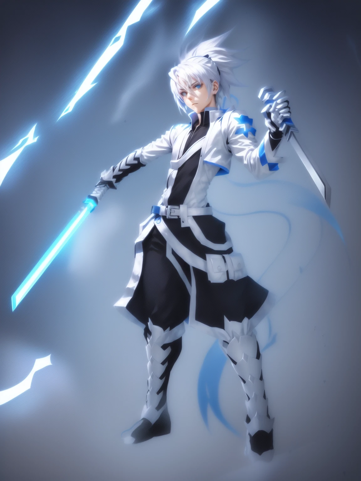 sketches of a drawing of a androgynous young boy with 2 swords, Kilua from hunter x hunter, an anime drawing, detailed fanart, hero 2d fanart artsation, ( ( character concept art ) ), anime drawing, game art!!, with out shading, anime shading), dramatic wielding sword pose, anime shading, white hair, glowing blue eyes, pale skin, black ninja pants, black vest, blue belts, short blue jacket, very long ponytail