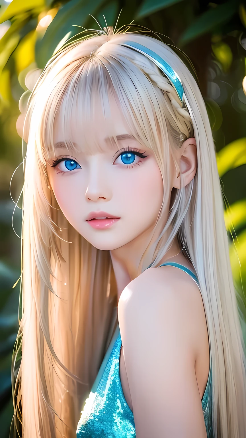 Very white and bright skin、A beautiful girl、Sexy 18 years old cute sexy little beautiful face、Shiny hair dancing in front of a pretty face、Long, silky bangs that cover the eyes、Hair that hides the face、Too long hair、Sexy cute young woman、Super long platinum blonde shiny bright hair、Big, bright blue eyes that shine so beautifully、Very big eyes、Super long straight hair、Small Face Beauty、Round face、Cheek gloss highlighter、