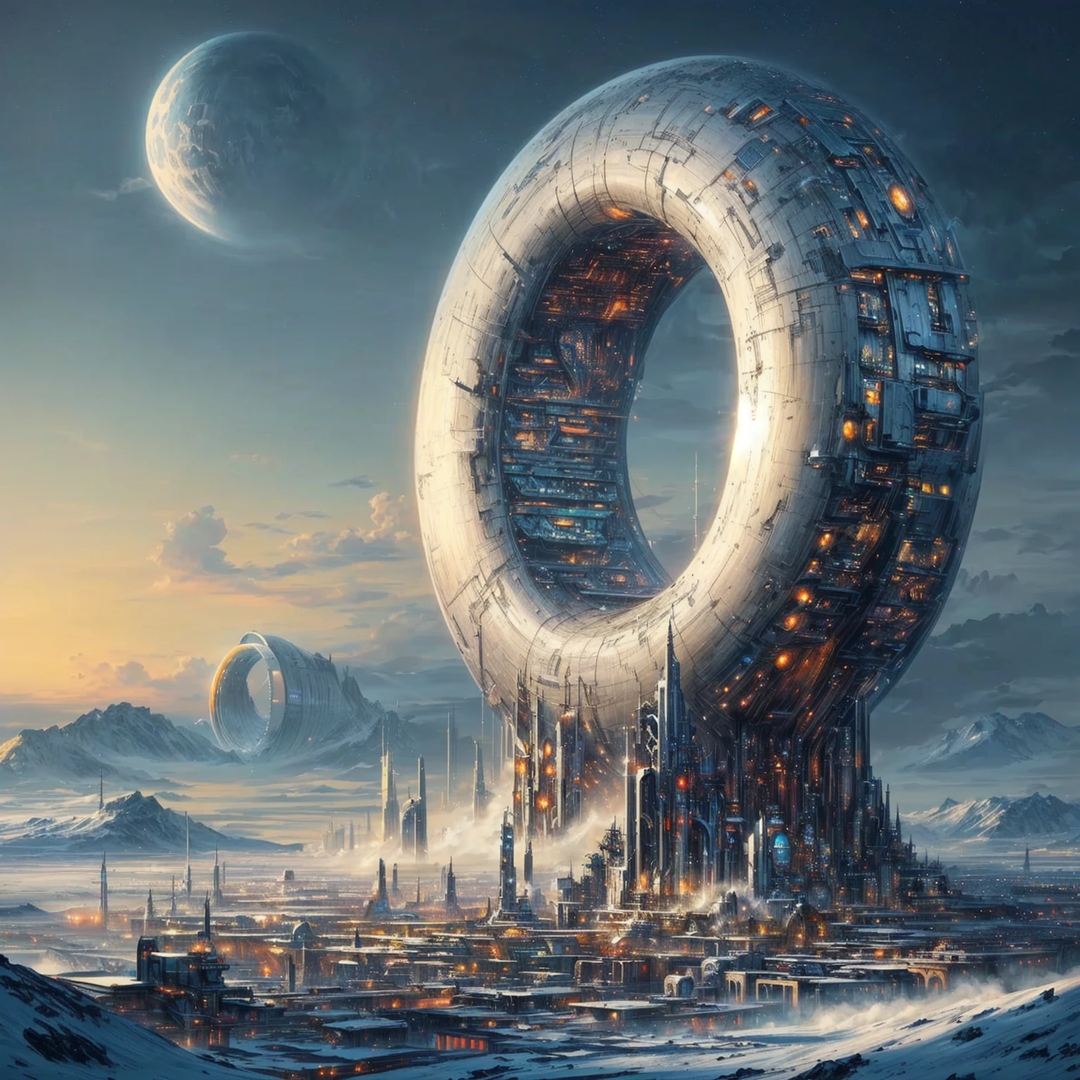 ((masterwork, high quality)), futuristic city in the middle of a cold desert with a giant ring, in fantasy sci - fi city, ancient sci - fi city, chris foss, greg beeple, sci-fi digital art, ancient futuristic, futuristic art, ancient yet futuristic, scifi art, sci-fi fantasy wallpaper, futuristic space port, science fiction art, futuristic utopia, detailed sci-fi art