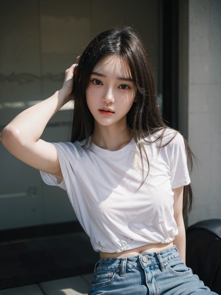 Highest quality,.masterpiece,Raw photo,8K,Best image quality,Highest Resolution,Beautiful face in every detail,Very detailed,Gentle expression,One Woman,Realistic,photo Realistic,Long Hair,Beautiful woman,Cute Japanese Girl,mannish,Beautiful woman,Her eyes are big,20 year old beauty,Her face is small,Small Head,Long neck,Pale skin,With bangs,8 heads,Sweat , Wet,Face Focus , From behind , Recall , Skinny body ,T-Shirts , Lift up your shirt,jeans ,Low-rise pants ,Back Focus ,put one's hand inside her jeans,
